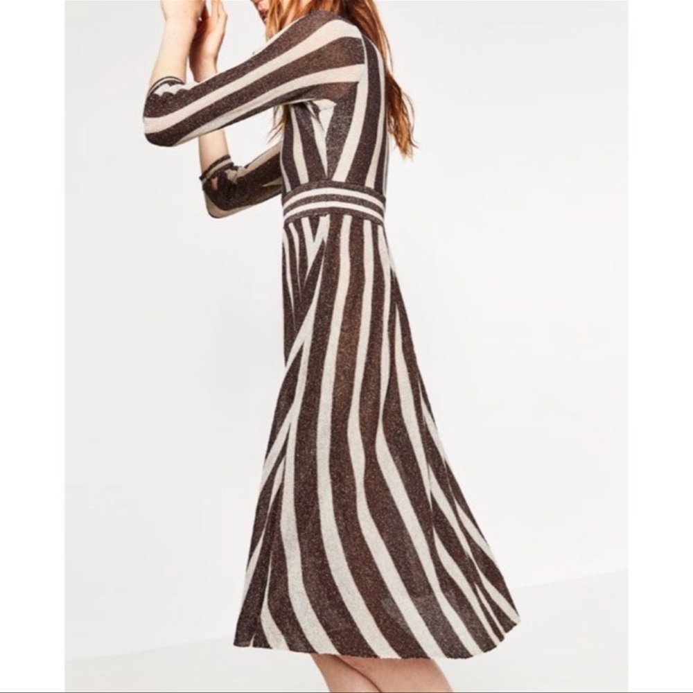 Zara Italian Yarn Metallic Striped Midi Dress Deep V Neck Limited Edition Small